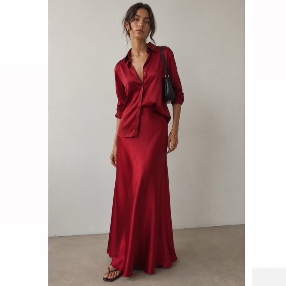 Vintage Cache Red Satin Maxi Skirt Size XS Bias Cut 90s CBK Minimalist Long Slip